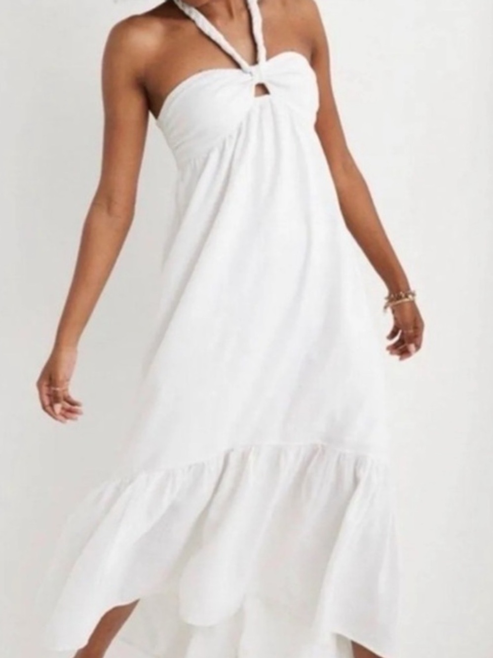 New Aerie Linen Blend Braided Halter Dress Hi Low White
